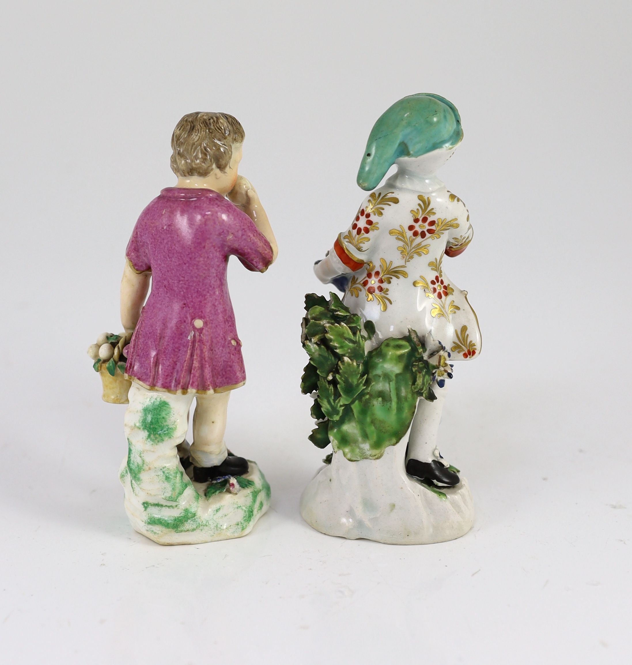 A Rockingham porcelain figure of a beggar boy, c.1830 and a Bow porcelain figure of a boy holding flowers, c.1765, 12.4 and 12.7cm high